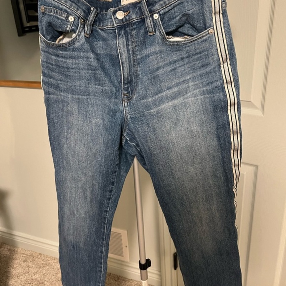 J. Crew Blue Straight Leg Jeans with Metallic Ribbon Side Stripe